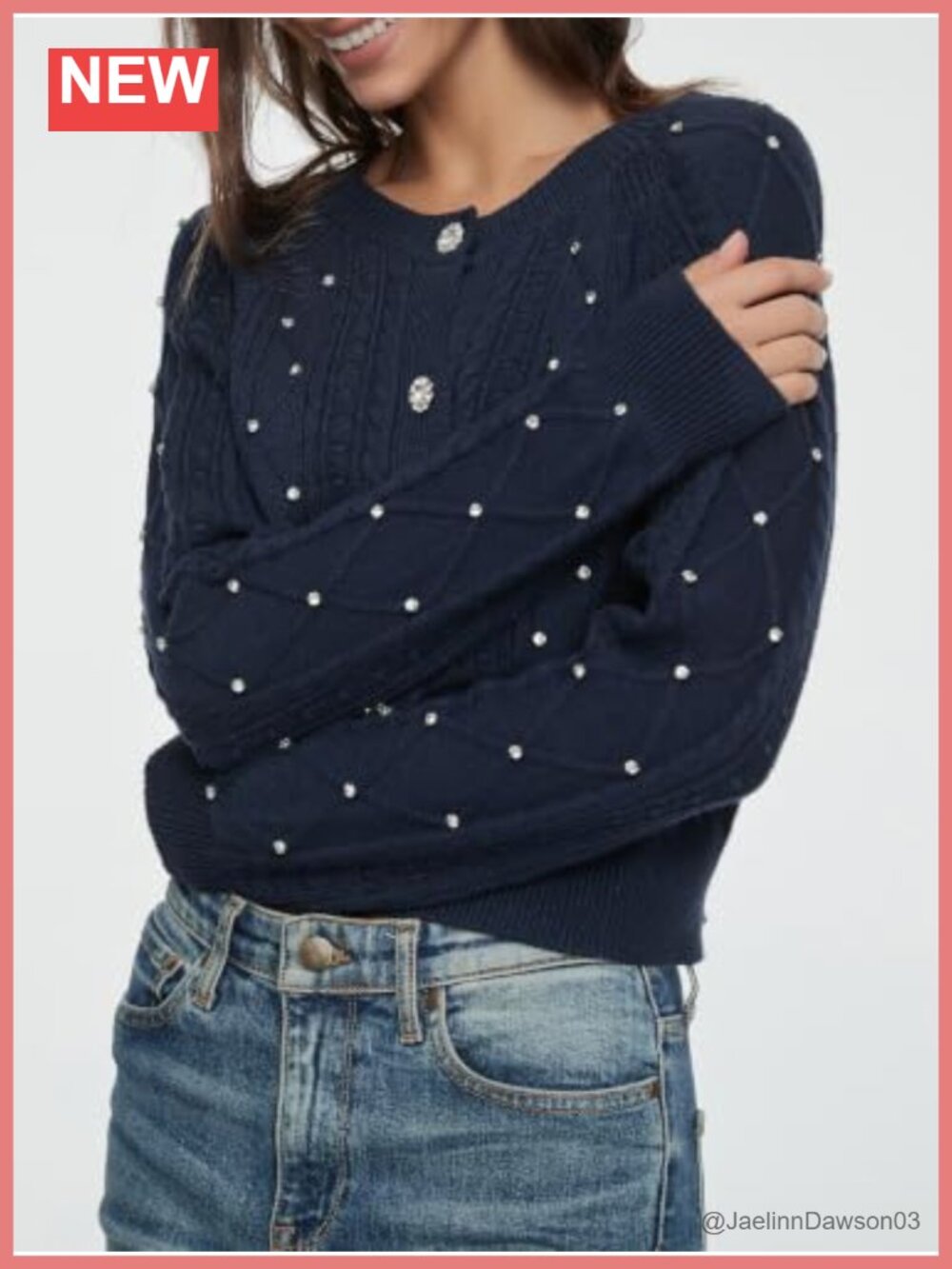 Cropped Cardigan Rhinestone Button Front Cable Knit Sweater - Picture 3 of 6
